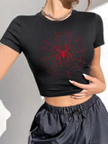 Women's Spider Print Round Neck Short Sleeve Slim Fit Cropped Top T-Shirt Women Clothes  Aesthetic Clothes